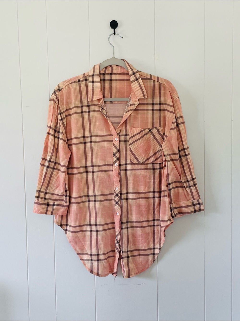 Peach Plaid Button-Up Shirt
